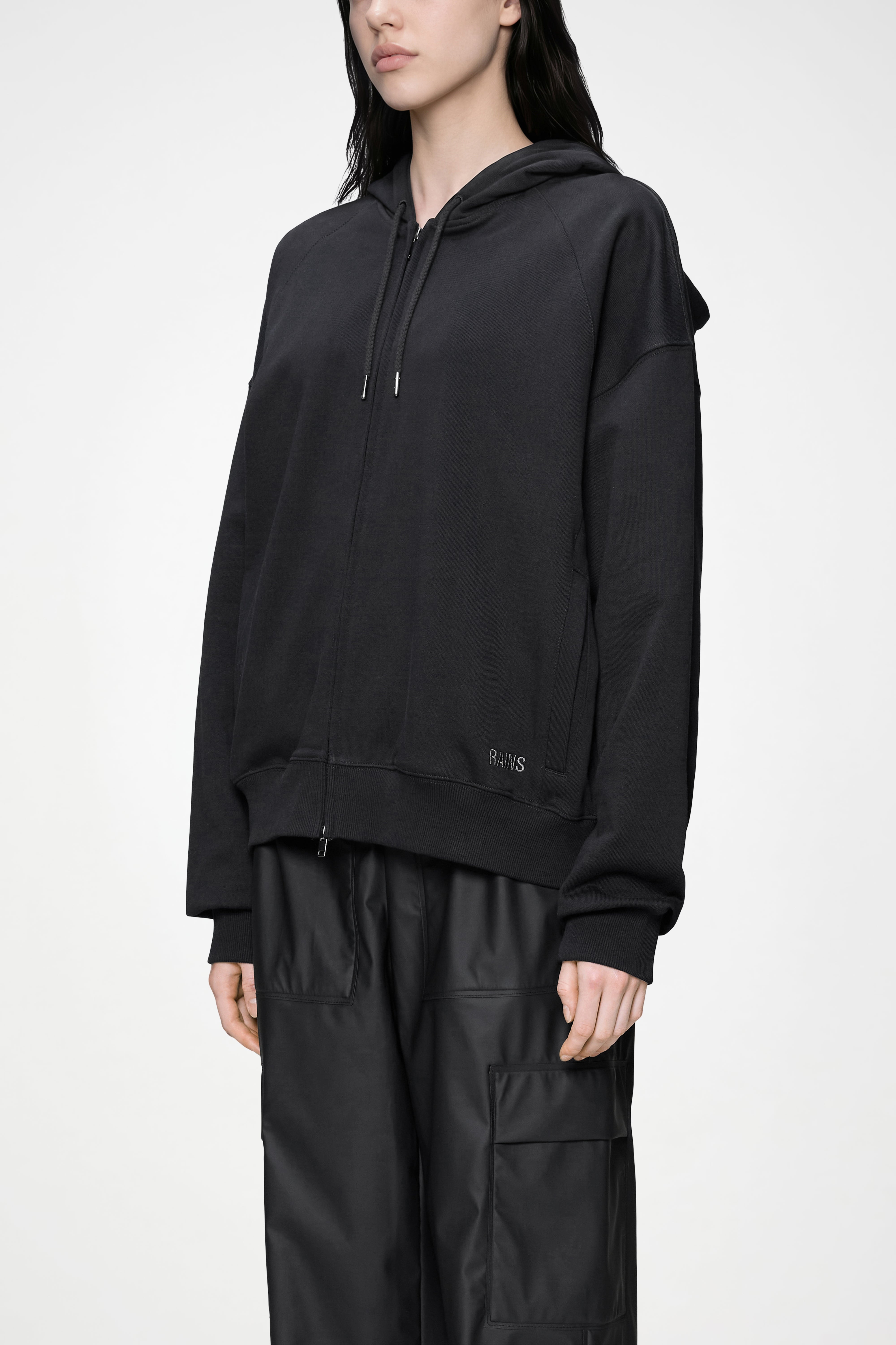 RAINS Classic Zip Hoodie Splash 3D Black Long Sleeve